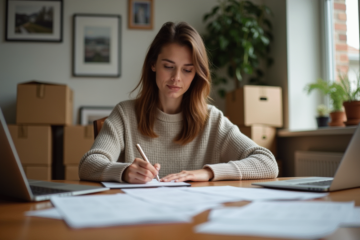 Jeune femme organisée examinant des reçus à la maison