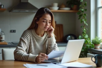 Femme en cuisine examinant des papiers avec un laptop