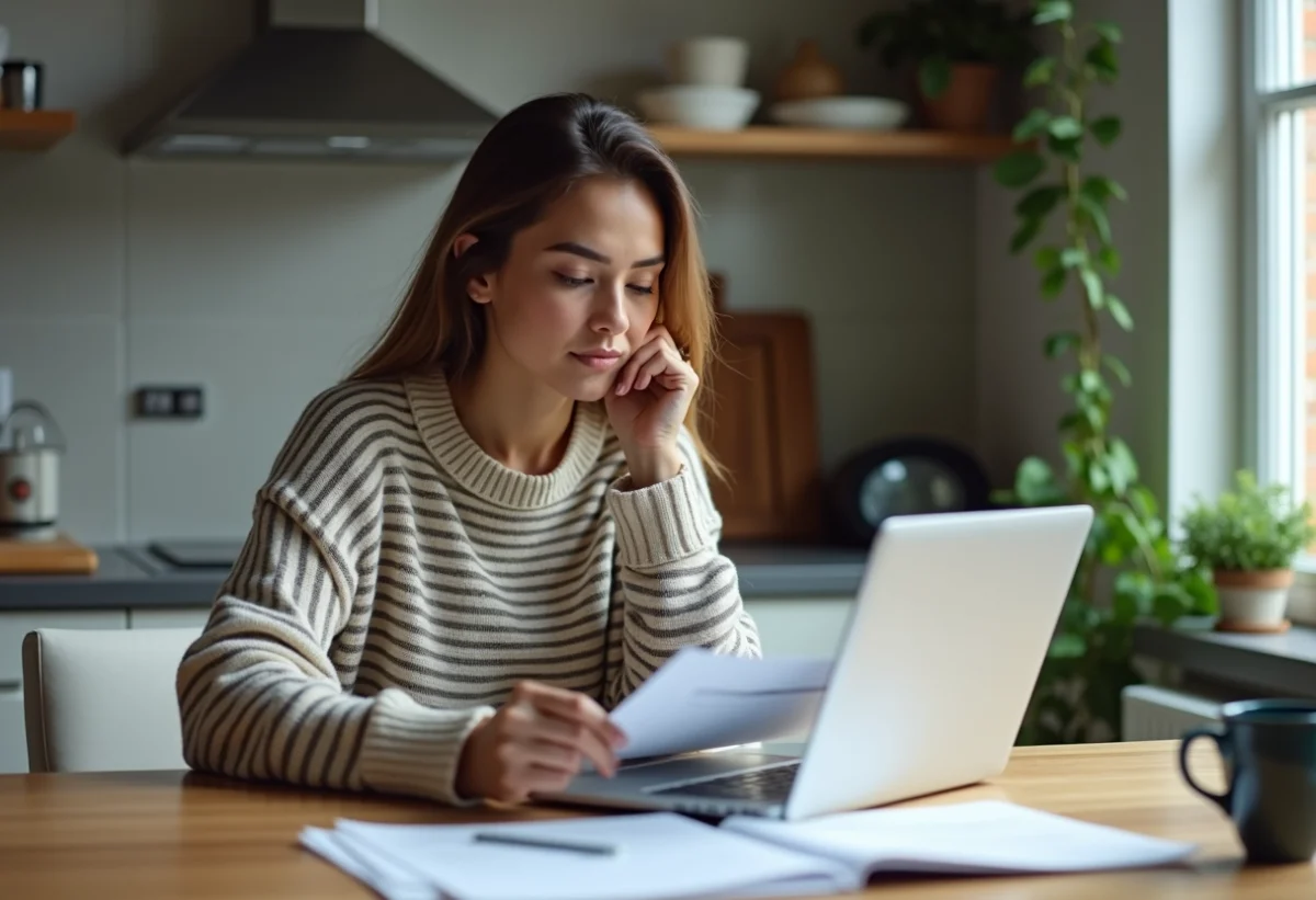 Femme en cuisine examinant des papiers avec un laptop