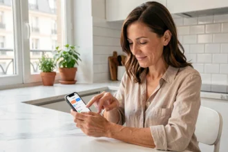 Femme paramétrant les alertes de son application MyFoncia sur smartphone dans une cuisine moderne parisienne