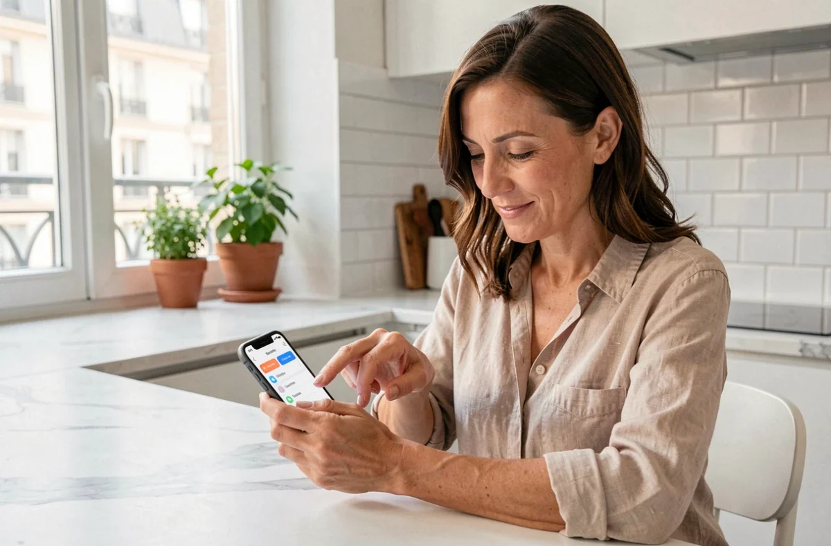 Femme paramétrant les alertes de son application MyFoncia sur smartphone dans une cuisine moderne parisienne