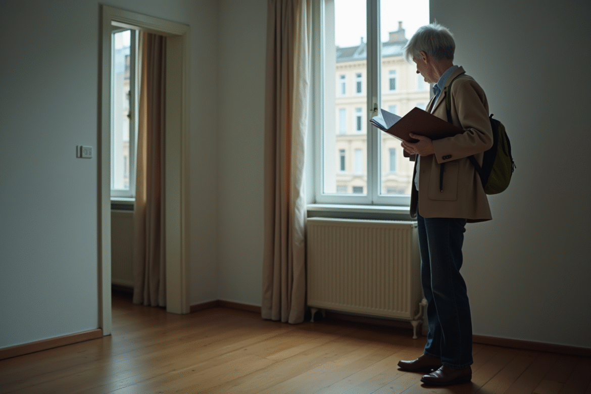 Femme d'âge moyen dans un appartement vide contemplant la fenêtre