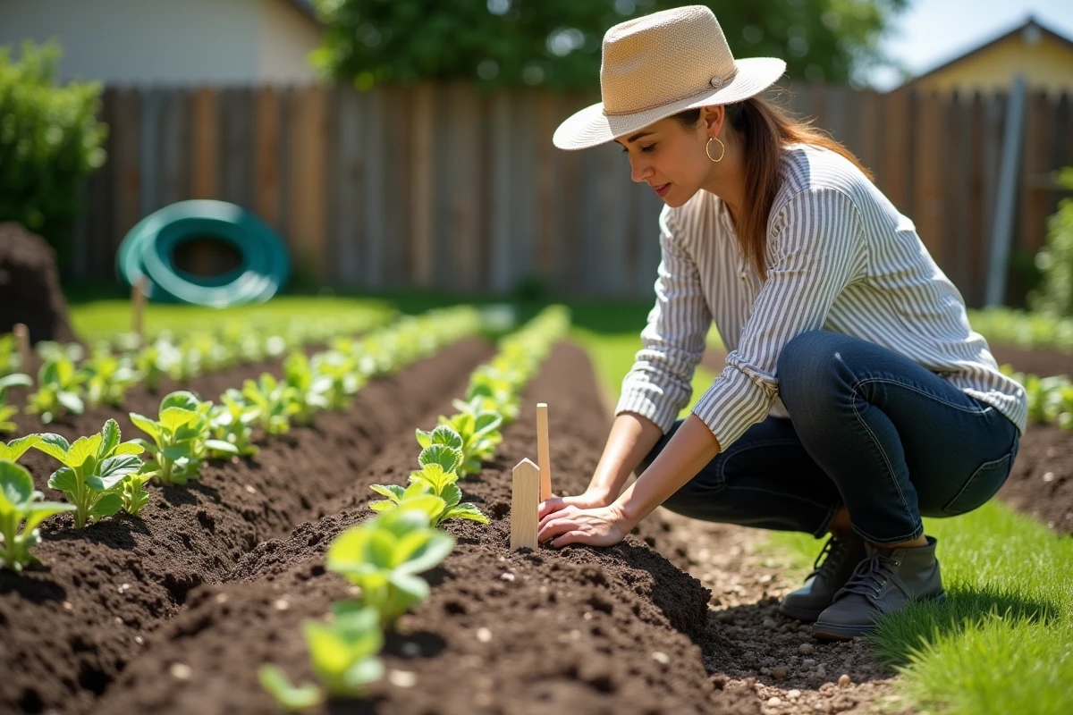 Femme jardinant dans un grand potager de 6 ares avec des rangées de jeunes plants dans un jardin résidentiel