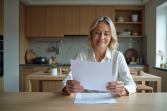 Femme en costume examinant un document de prêt immobilier