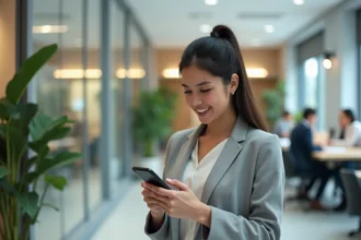 Jeune femme professionnelle utilisant l'application AL'in sur smartphone pour rechercher un logement salarié dans un hall de bureau moderne