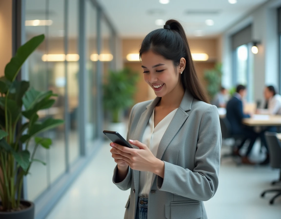 Jeune femme professionnelle utilisant l'application AL'in sur smartphone pour rechercher un logement salarié dans un hall de bureau moderne