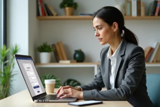 Femme professionnelle au bureau avec ordinateur portable