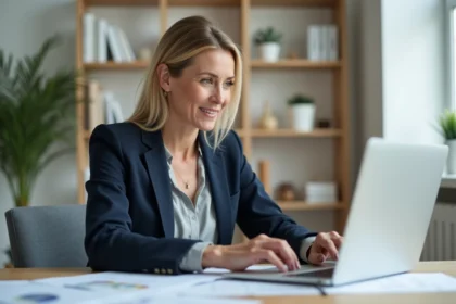 Femme professionnelle utilisant un logiciel immobilier d'estimation sur ordinateur portable dans un bureau moderne