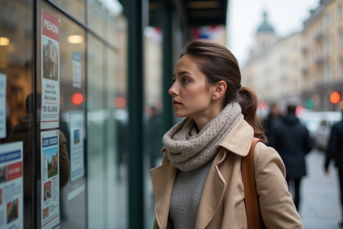 Jeune femme cherchant appartement dans une ville animée