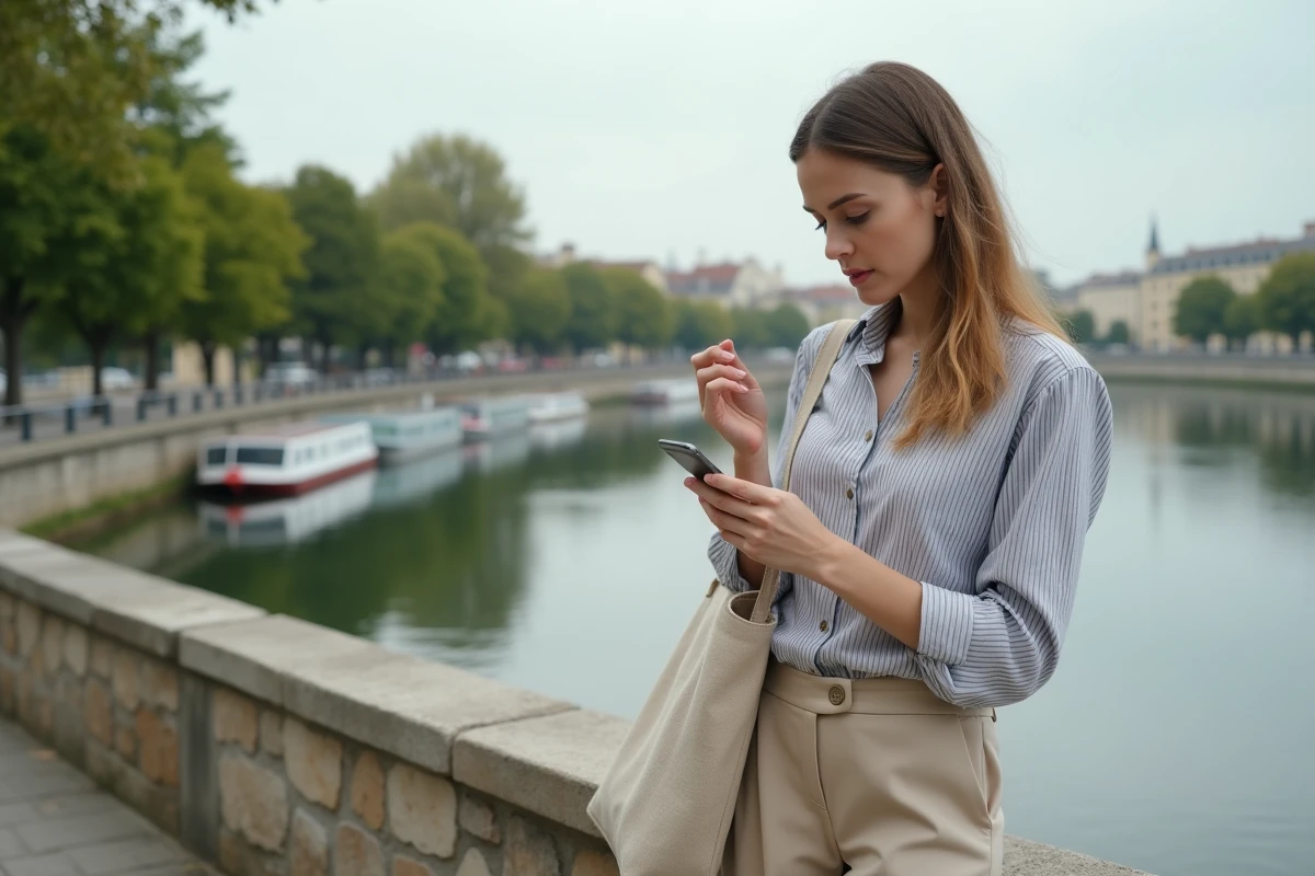 Femme consultant son téléphone au bord de la Seine pour évaluer un quartier avant d'emménager à Conflans-Sainte-Honorine
