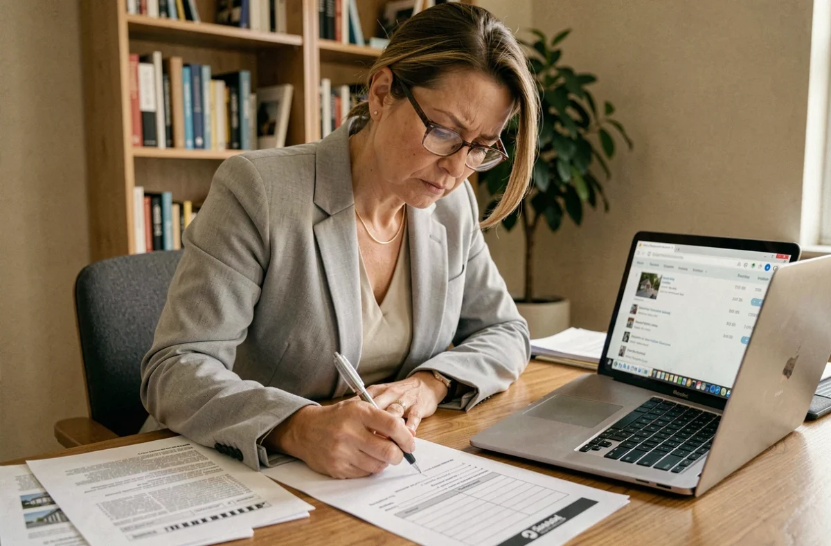 Femme remplissant un formulaire de pré-état daté vierge à son bureau à domicile