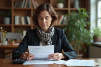 Femme d'âge moyen examinant des factures dans un intérieur moderne