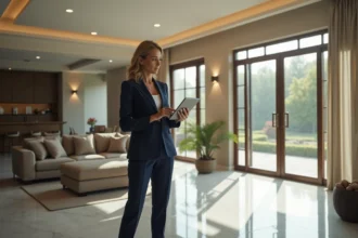 Femme élégante en tailleur navy dans un salon lumineux