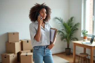 Jeune femme au téléphone dans un appartement moderne