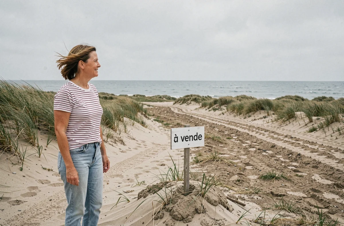 Femme debout sur un terrain à vendre en bord de mer atlantique avec panneau immobilier dans une zone côtière sauvage et accessible