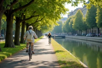 Femme à vélo sur une piste cyclable arborée du quartier Île Verte à Grenoble, illustrant la mobilité douce en ville