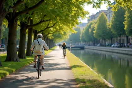 Femme à vélo sur une piste cyclable arborée du quartier Île Verte à Grenoble, illustrant la mobilité douce en ville