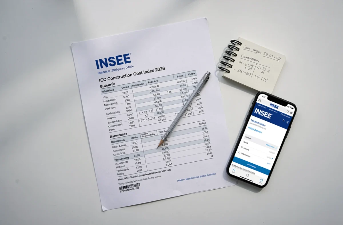 Vue aérienne d'un bureau avec bulletin INSEE ICC 2026, cahier de calculs et smartphone affichant l'indice