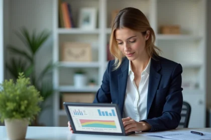 Femme professionnelle gérant une location saisonnière sur une tablette avec un logiciel de gestion de propriété