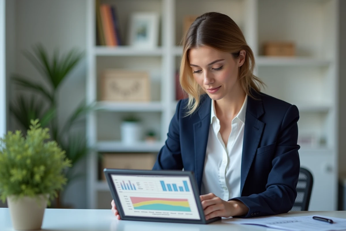 Femme professionnelle gérant une location saisonnière sur une tablette avec un logiciel de gestion de propriété