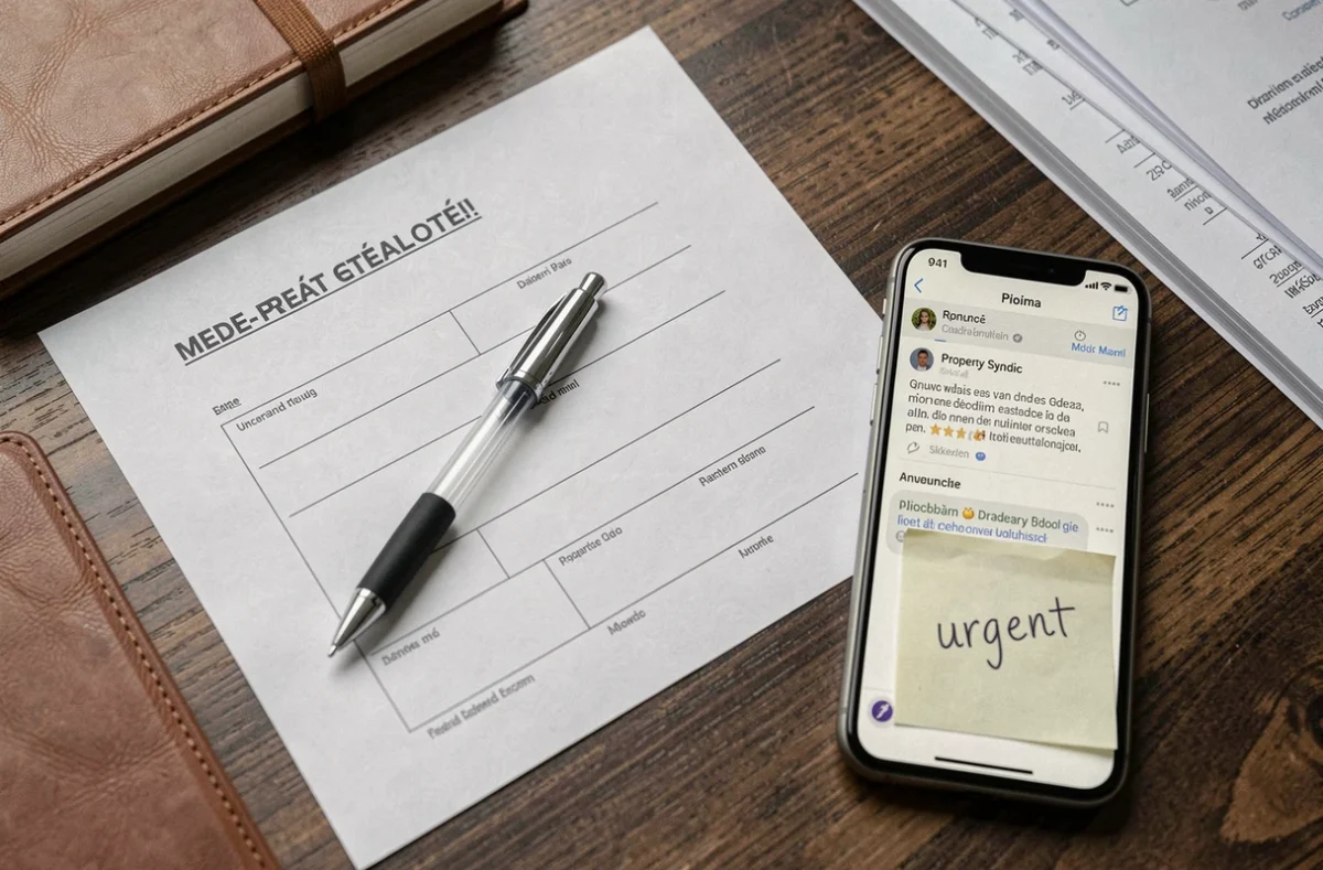Gros plan d'un formulaire de pré-état daté vierge avec un stylo et un smartphone affichant un email sans réponse au syndic
