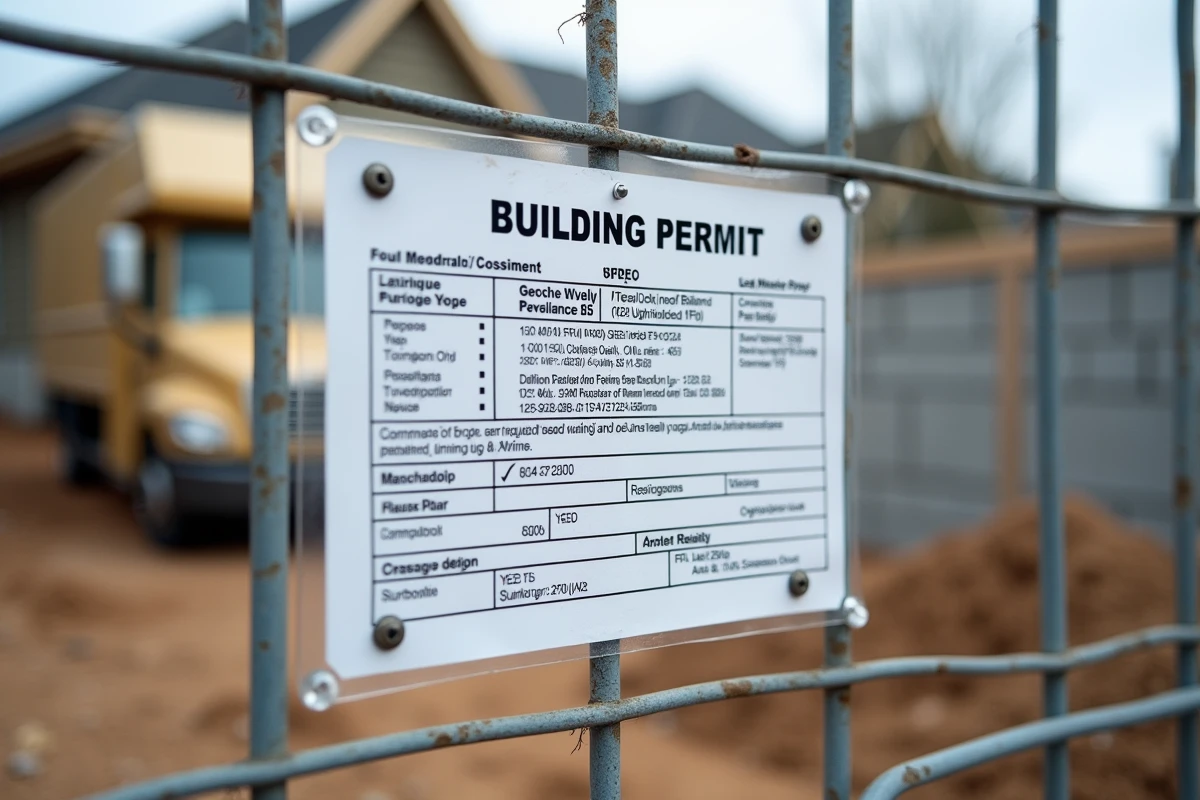 Gros plan sur un panneau de permis de construire affiché sur une clôture métallique avec les mentions obligatoires visibles
