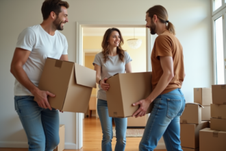 Trois adultes portant des cartons dans un appartement lumineux