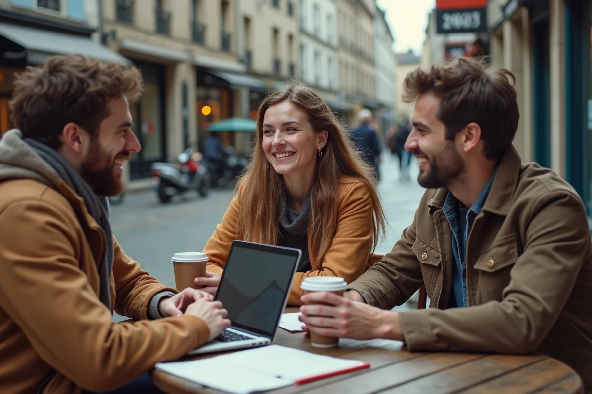 Groupe d'étudiants en terrasse d'un café dans le quartier animé du Havre après les cours