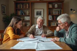 Famille adulte réunie autour d'une table pour examiner des documents liés à l'héritage d'une maison familiale