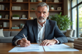 Homme d'affaires en costume examinant documents immobiliers