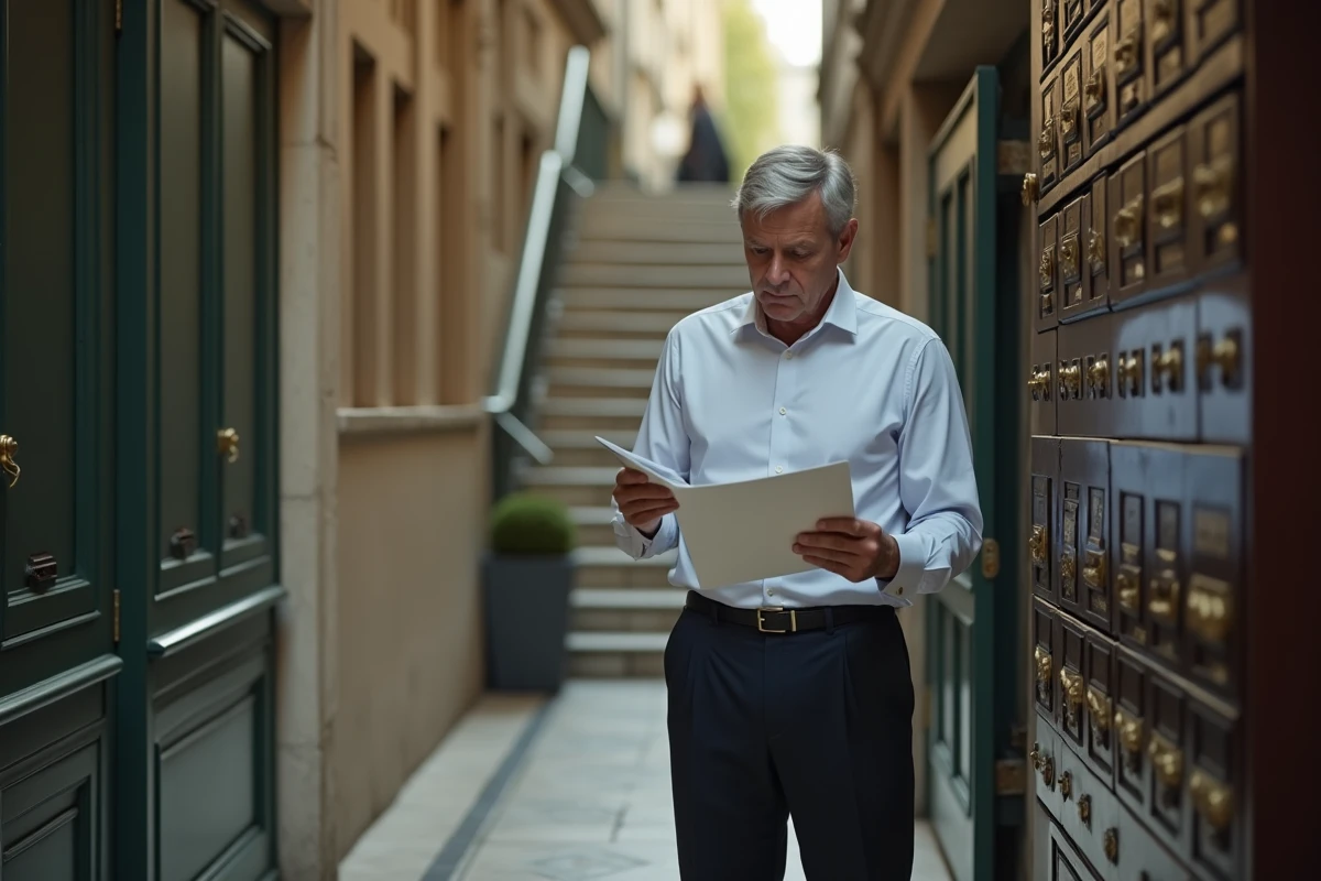 Homme vérifiant une enveloppe dans un hall parisien