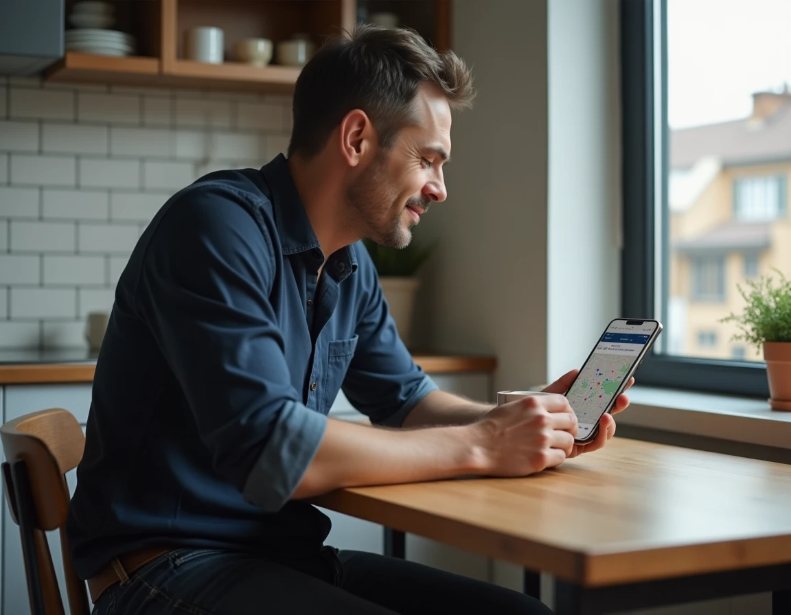 Homme consultant l'application mobile AL'in pour trouver un logement salarié depuis son appartement, avec un café posé sur la table