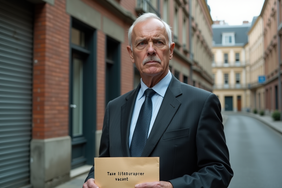 Homme en costume devant bâtiments vacants avec une enveloppe