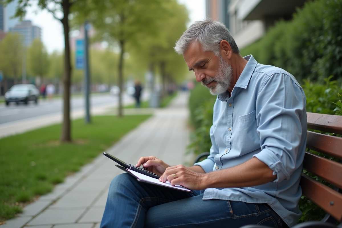 Homme calculant ses dépenses dans un parc urbain