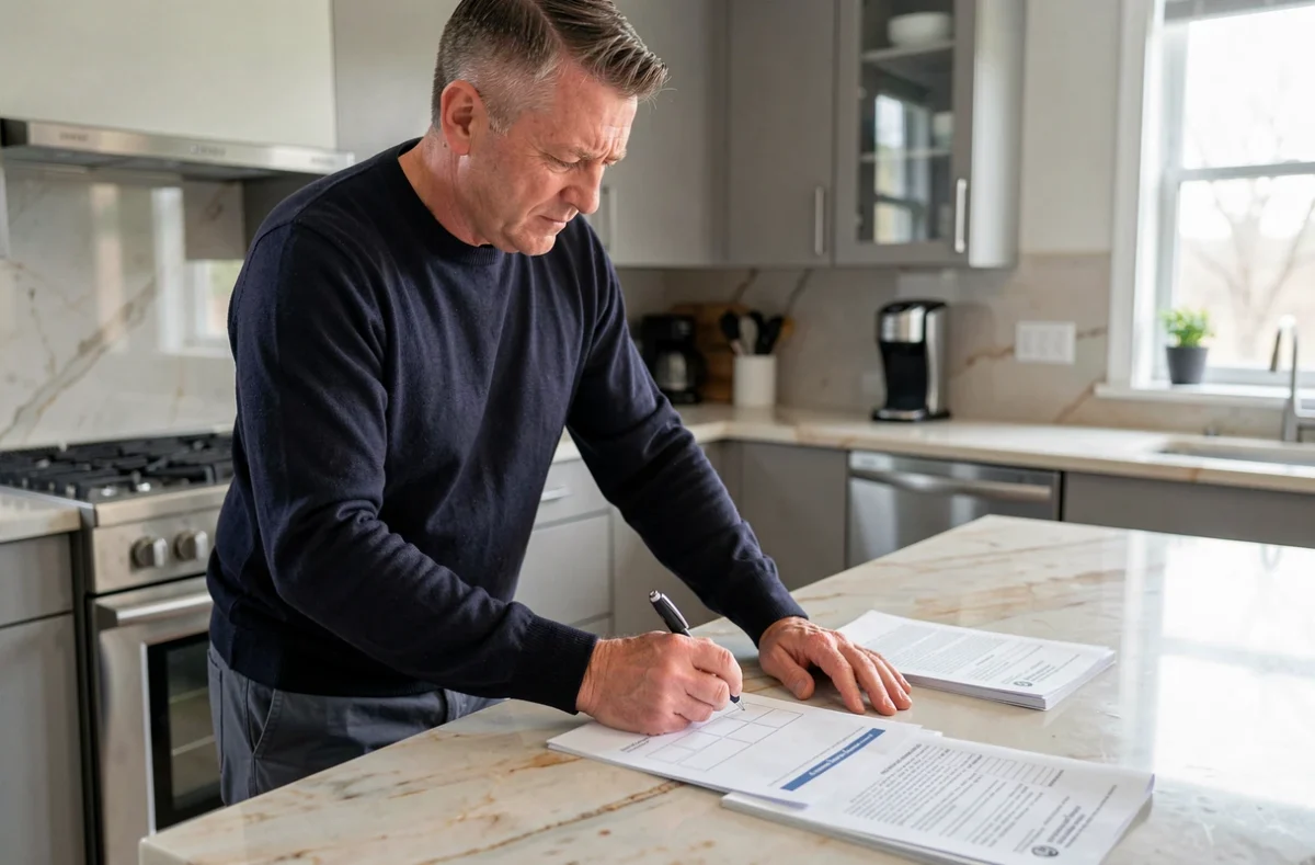 Homme consultant un modèle de pré-état daté Word dans une cuisine moderne
