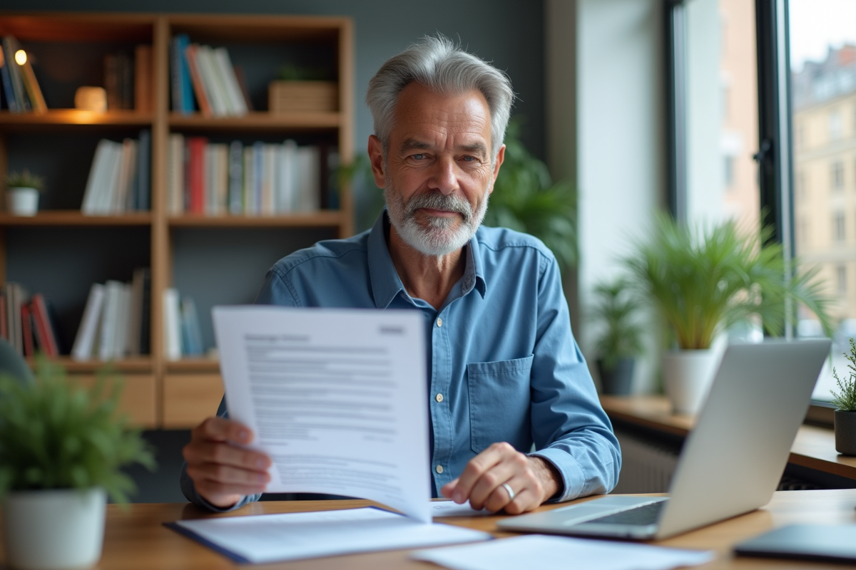 Homme lisant un contrat de location dans un bureau a domicile