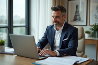 Homme en costume bleu examinant des documents de prêt immobilier