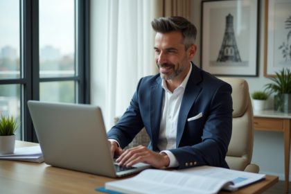 Homme en costume bleu examinant des documents de prêt immobilier