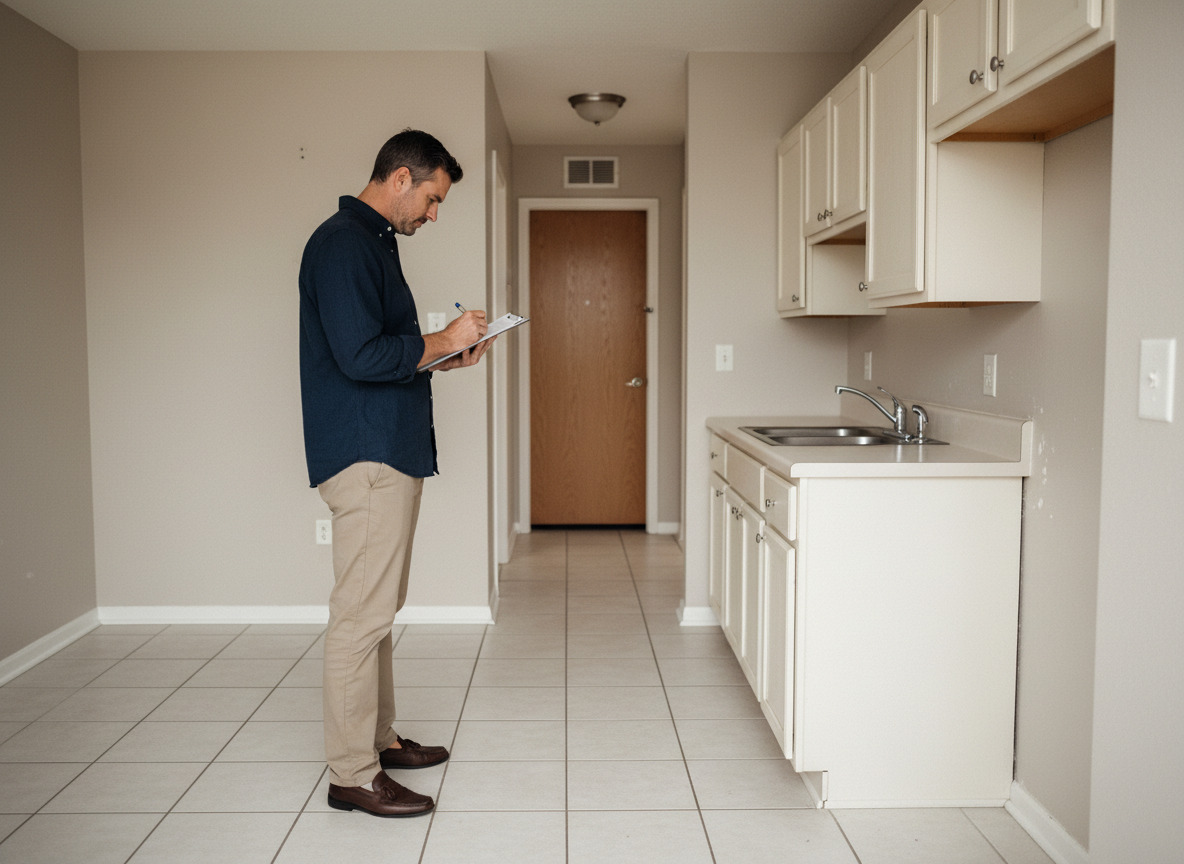 Homme d affaires examinant une cuisine d appartement