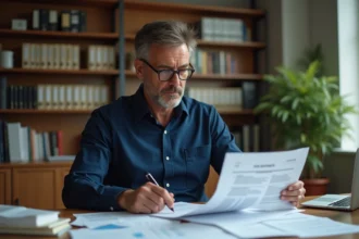 Un homme de 45 ans examine des documents fiscaux liés à la loi Scellier intermédiaire dans un bureau à domicile