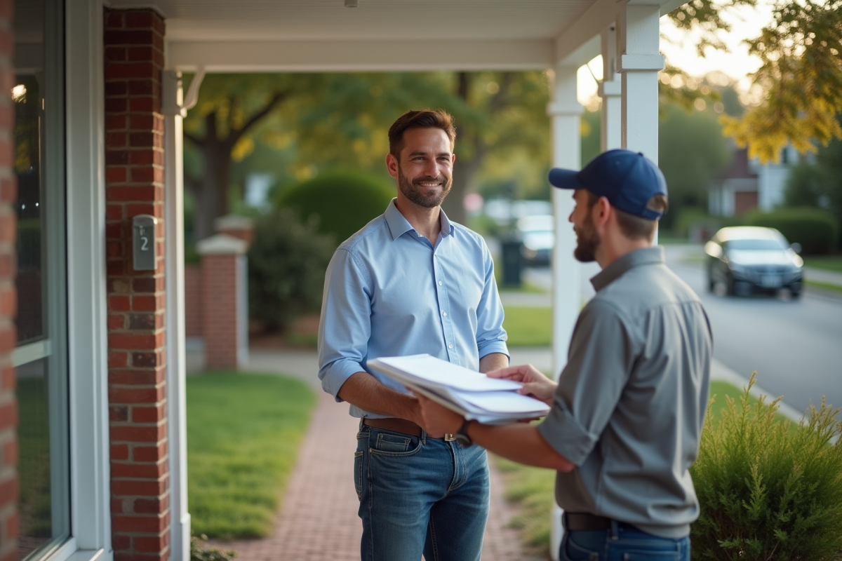 Homme tendant un dossier à un facteur devant sa maison