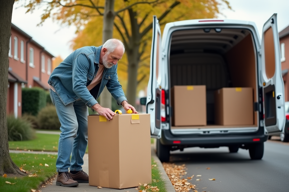 Homme âgé scellant un carton devant une voiture de déménagement