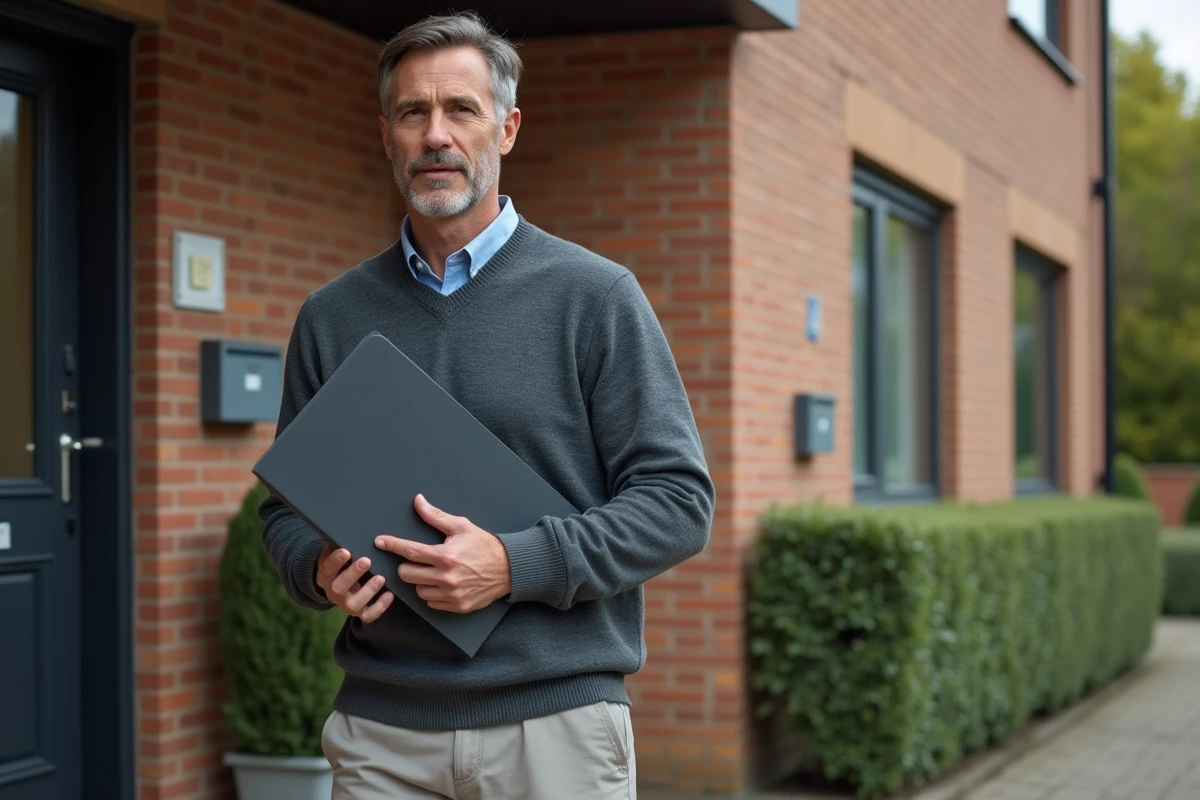 Homme dehors devant un immeuble avec dossier de location