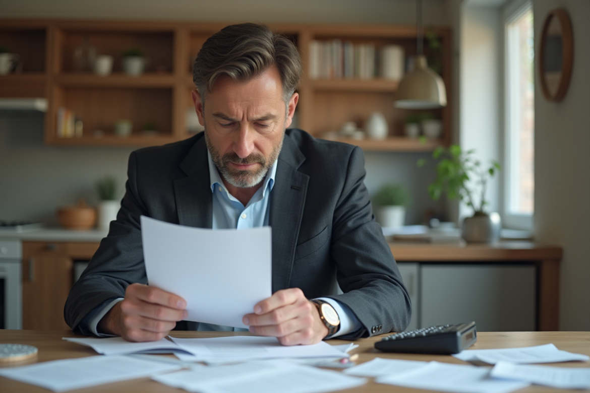 Homme d'âge moyen réfléchissant à ses finances à la maison