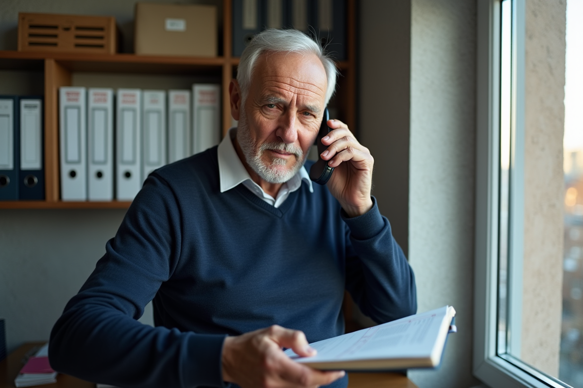 Homme d age au téléphone dans un bureau de gestion immobiliere