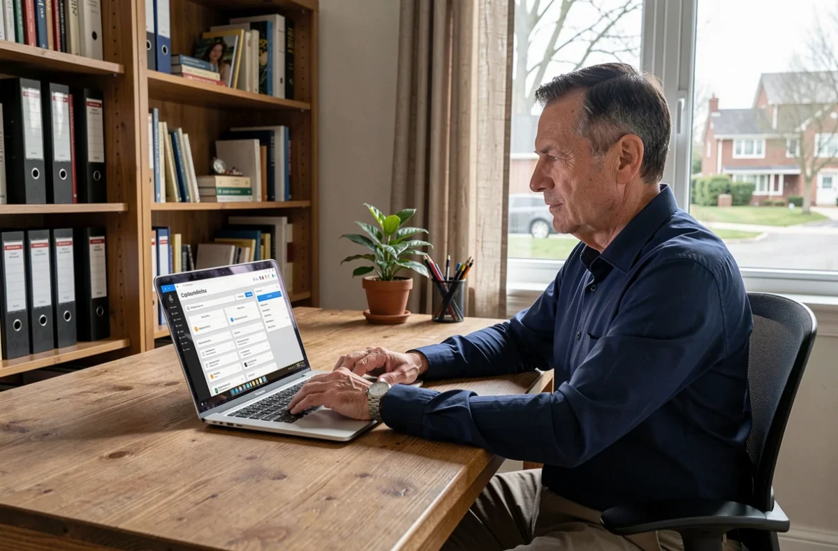 Homme gérant les notifications de son compte copropriété MyFoncia sur ordinateur portable dans un bureau à domicile
