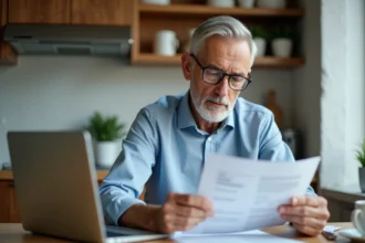 Homme d'âge moyen lisant des papiers de prêt immobilier