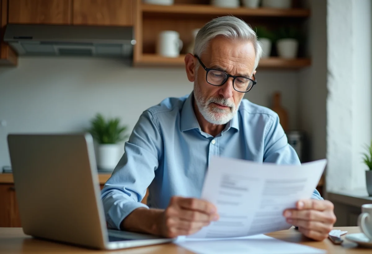 Homme d'âge moyen lisant des papiers de prêt immobilier