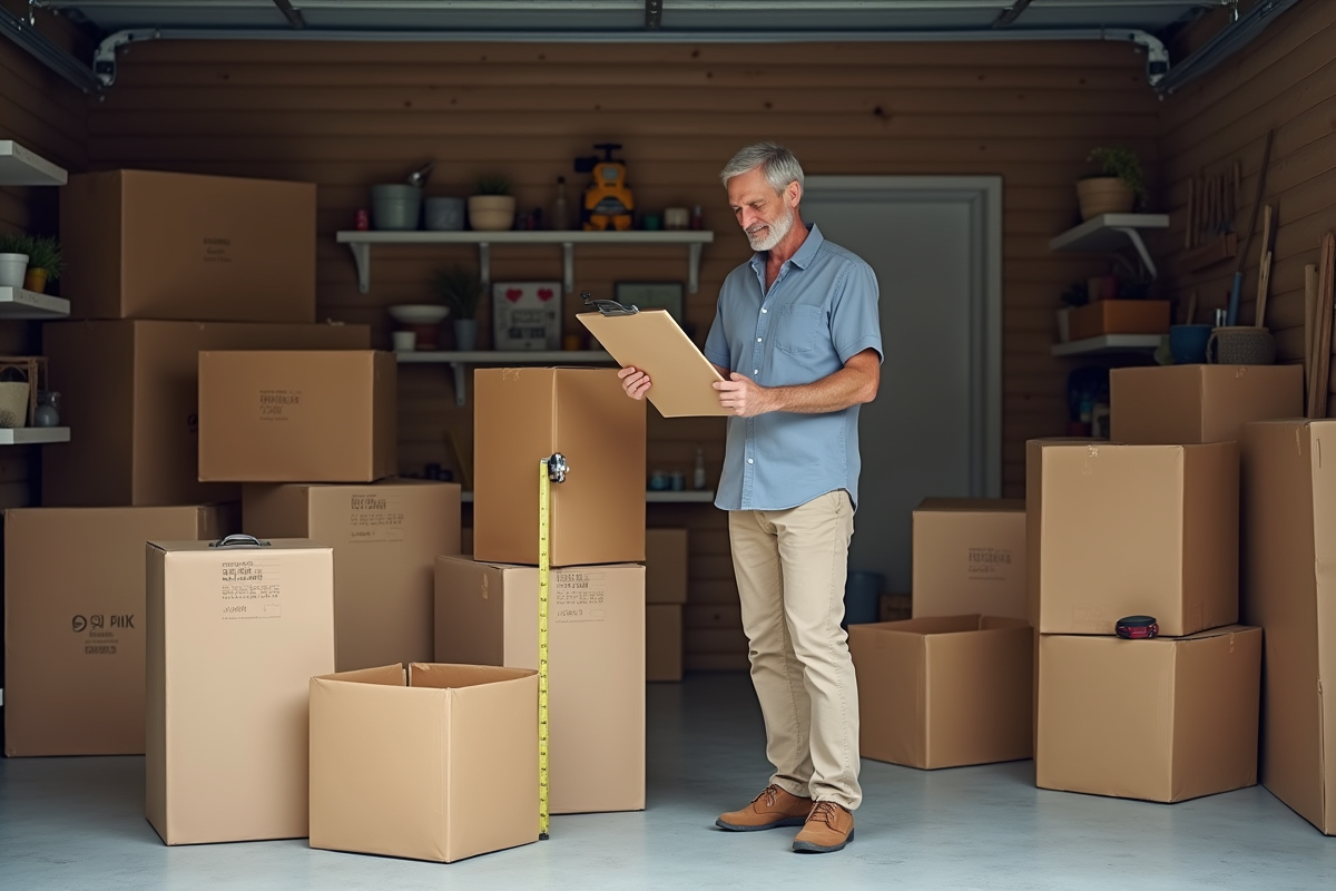 Homme mesure un carton dans un garage rangé