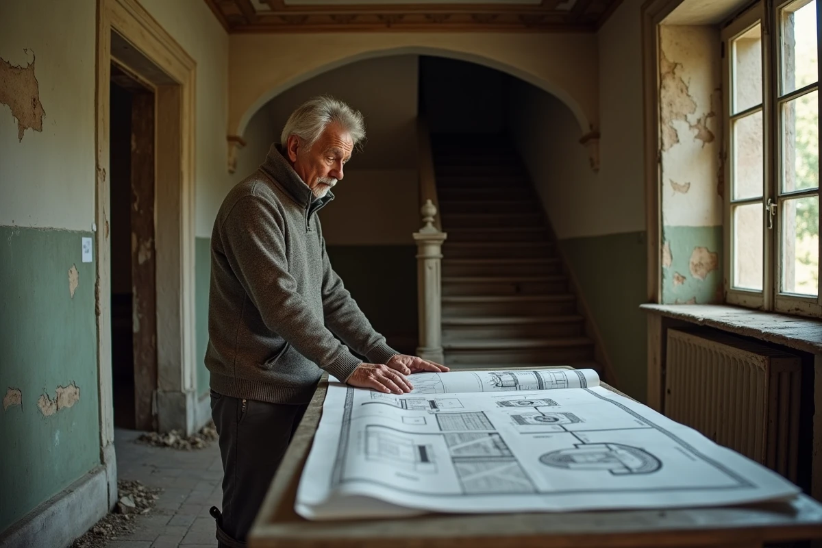 Homme examinant des plans architecturaux dans le couloir délabré d'un manoir en cours d'acquisition en zone rurale